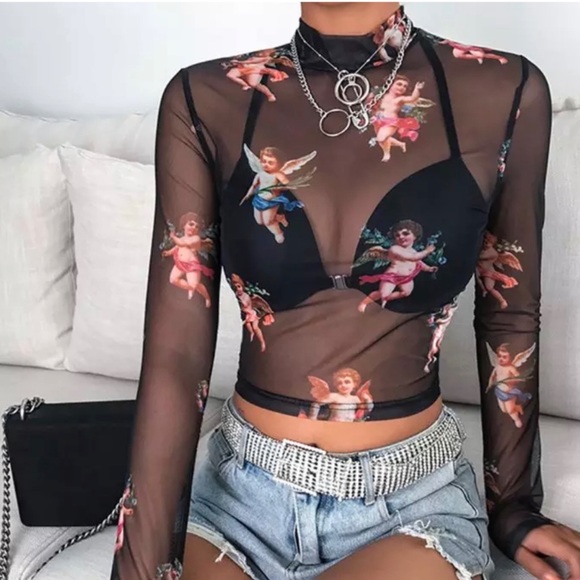 Cherub Sheer Long Sleeve Crop Top in Black - Picture 5 of 10